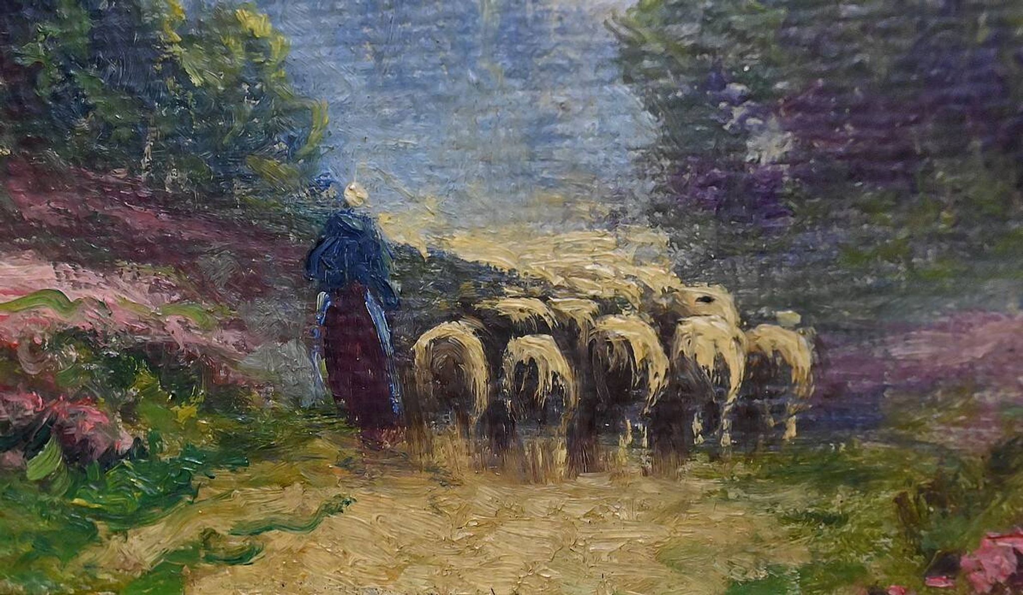 Painting "Shepherdess and her Flock", oil on panel signed G. Corbier – early 20th century