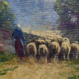 Painting "Shepherdess and her Flock", oil on panel signed G. Corbier – early 20th century