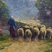 Painting "Shepherdess and her Flock", oil on panel signed G. Corbier – early 20th century