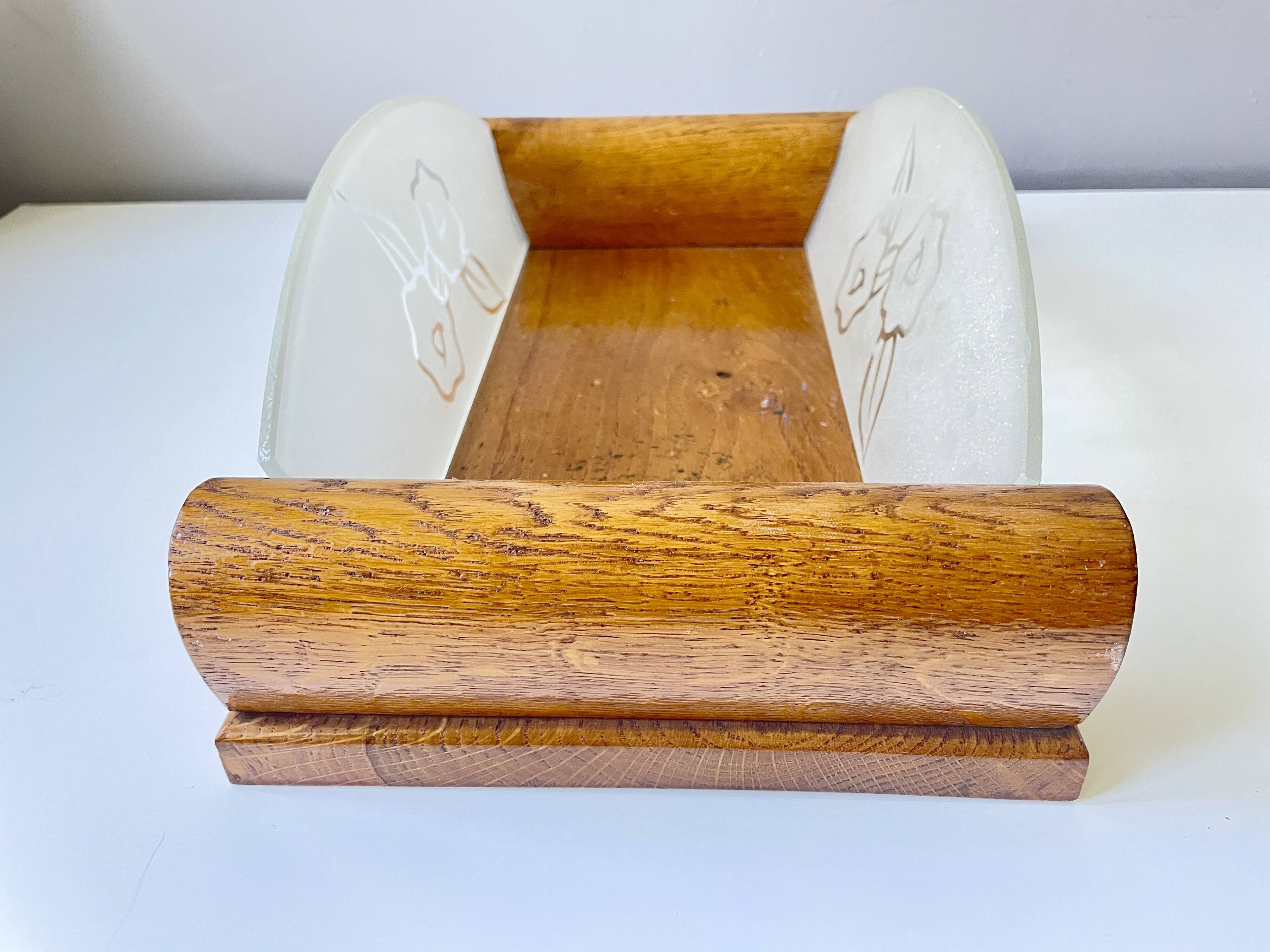 Plateau fleurs rétro 1950 bois et verre