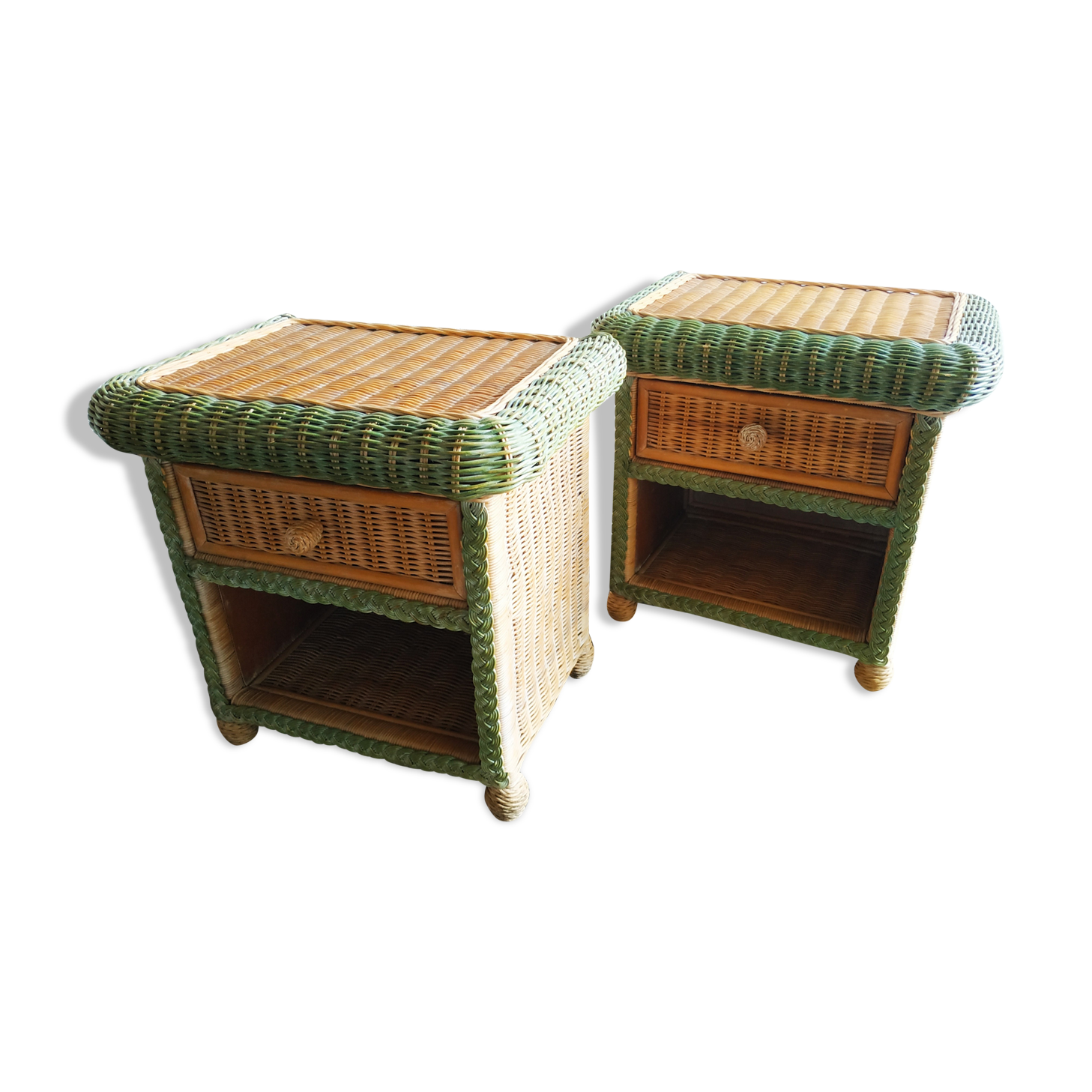 Pair of rattan and wicker bedside tables, 70s