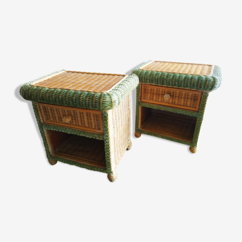 Pair of rattan and wicker bedside tables, 70s