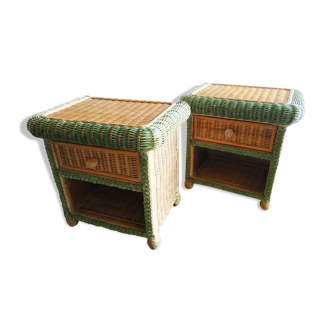 Pair of rattan and wicker bedside tables, 70s