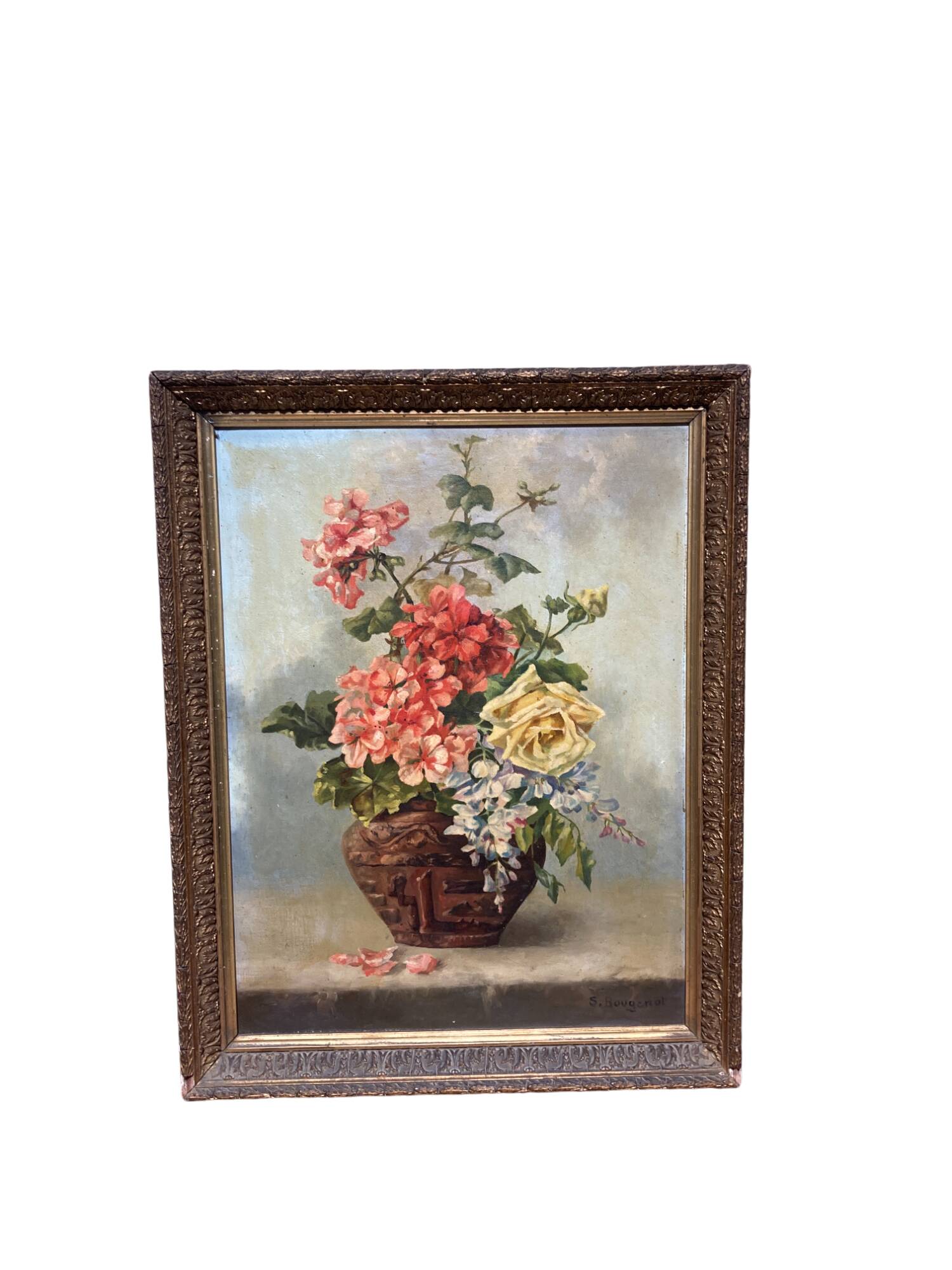 Painting on canvas of a still life, signed S. Bougenot
