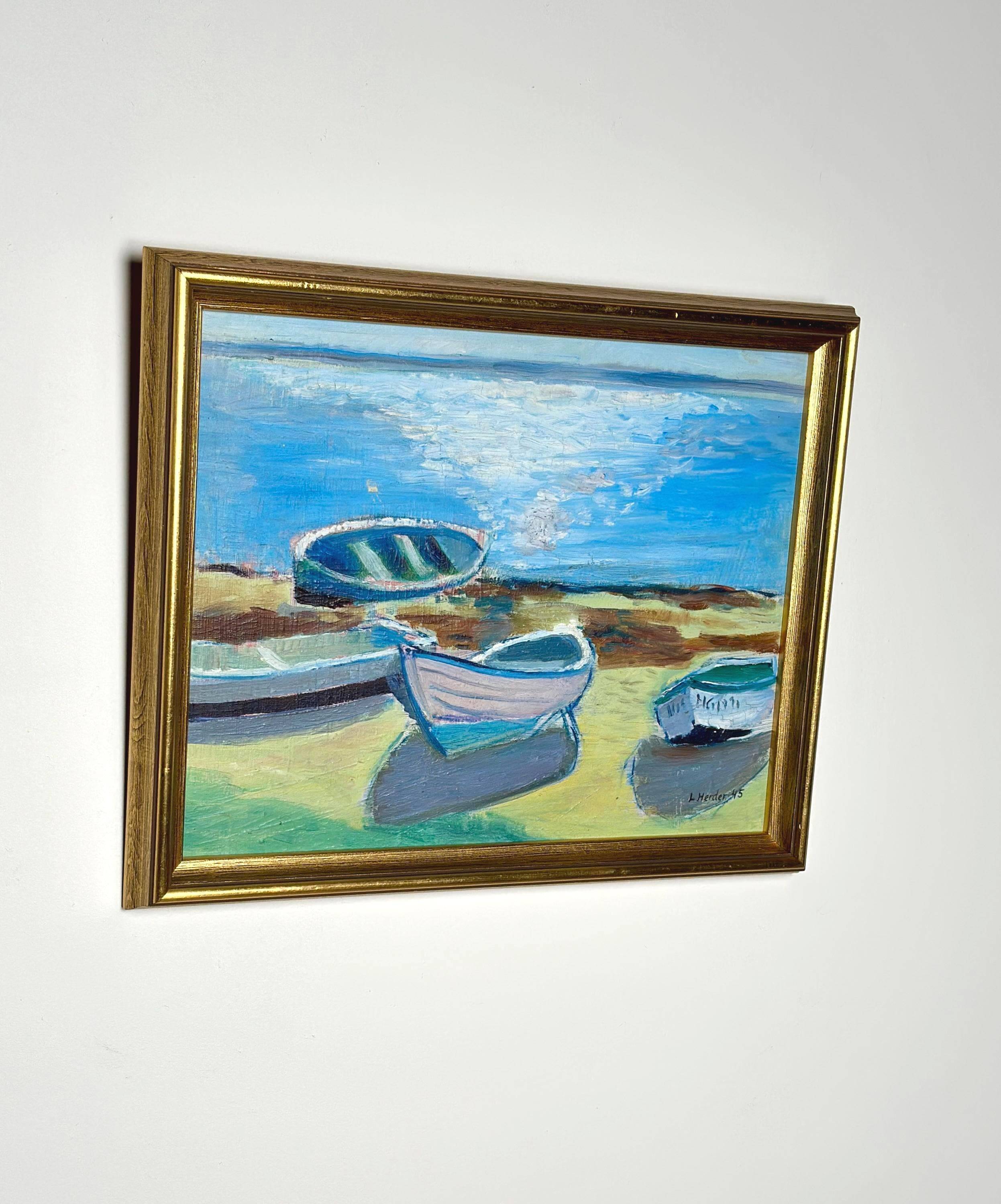 Original Mid Century Swedish Oil On Panel – “Harbor” By Lars Herder – Dated 1945 – Vintage & Framed – 45 × 37 Cm (17.7" × 14.6")