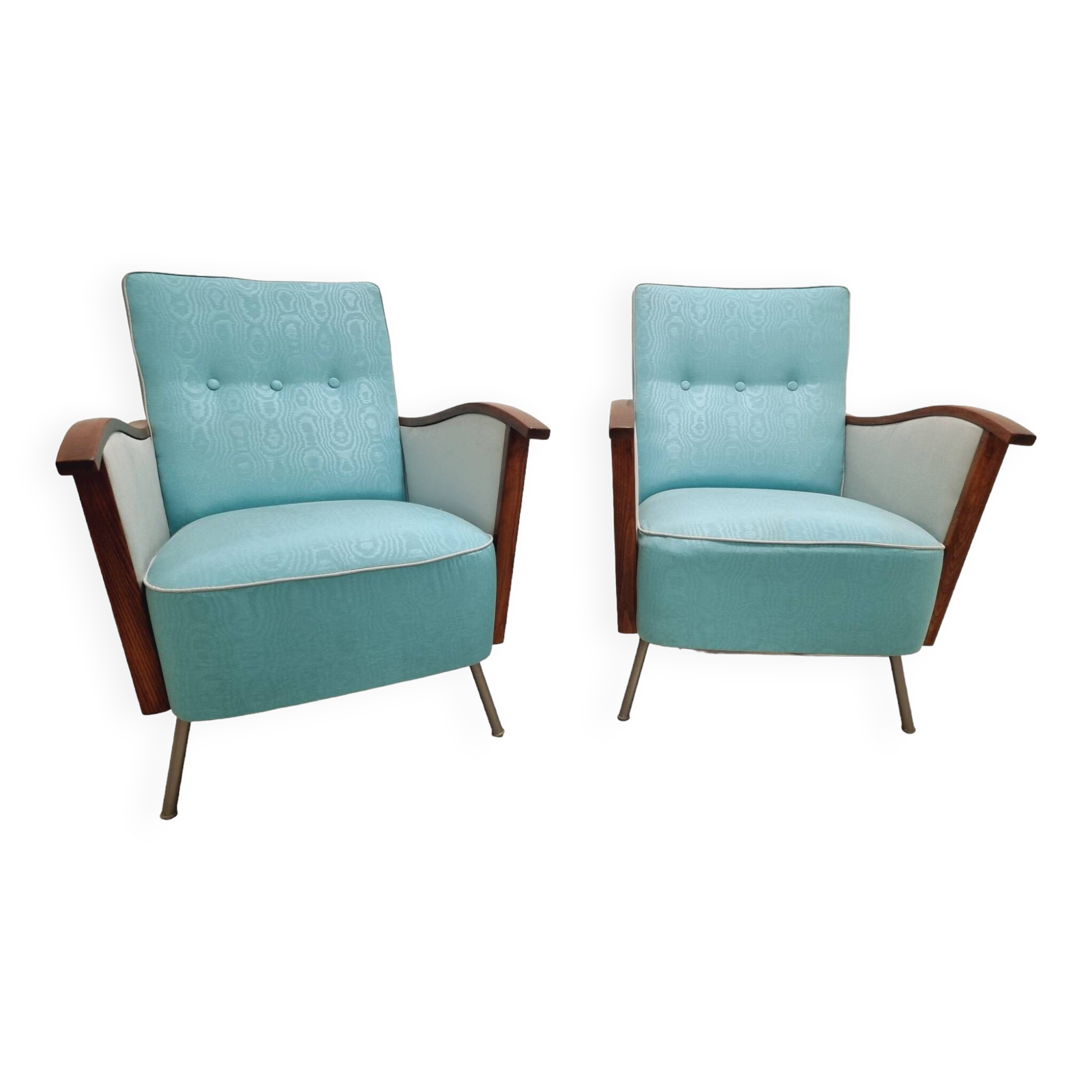 Pair of Mid Century modern, vintage armchairs, wooden and tubular frame, 1960's, Hungary