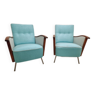 Pair of Mid Century modern, vintage armchairs, wooden and tubular frame, 1960's, Hungary