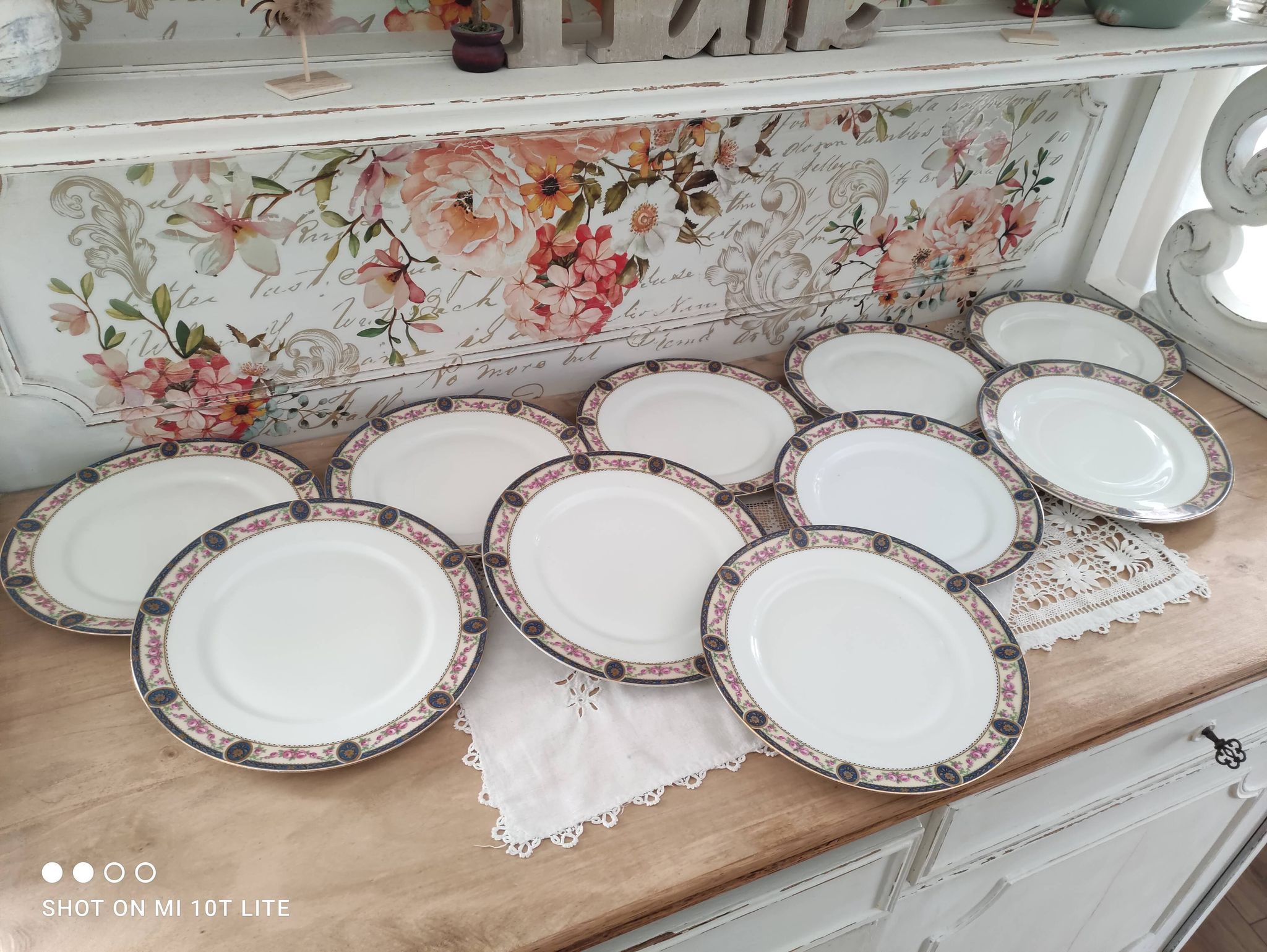 Set of 10 flat plates in Limoges porcelain stamp RN frieze blue old pinks