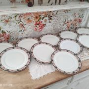 Set of 10 flat plates in Limoges porcelain stamp RN frieze blue old pinks