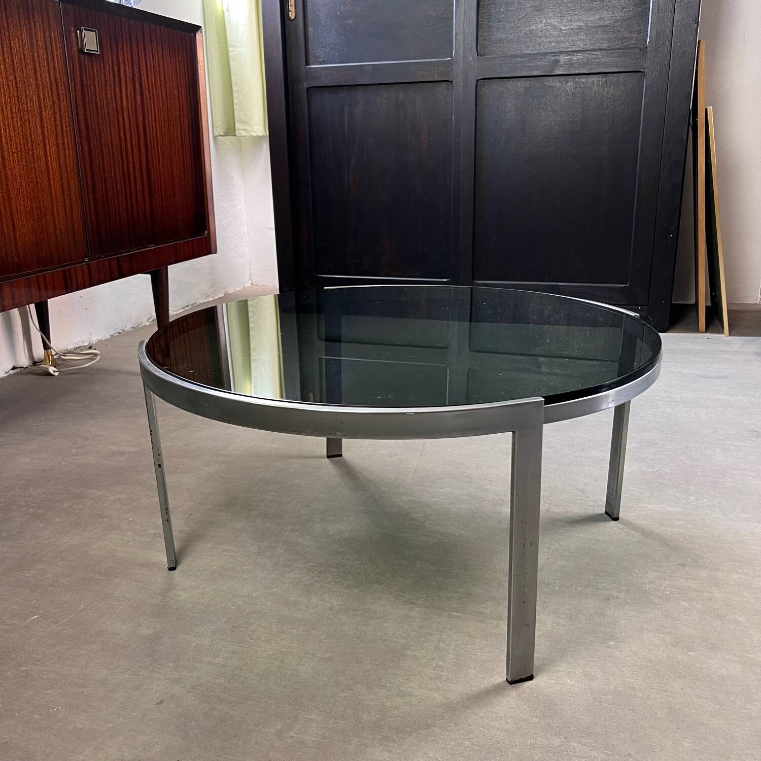 70s design round coffee table, metal and smoked glass