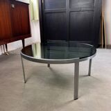 70s design round coffee table, metal and smoked glass