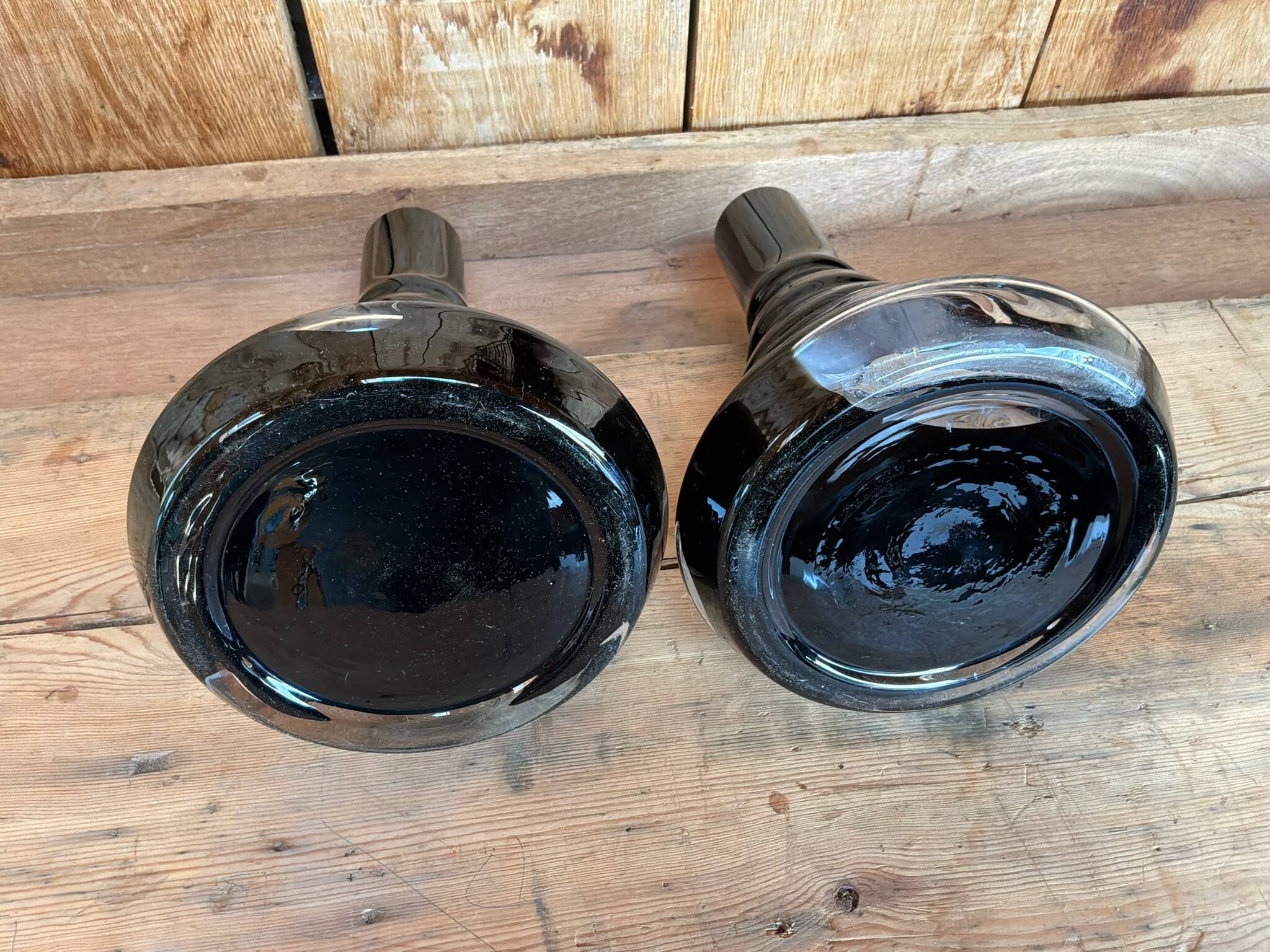 Pair of black and opaline multilayer glass vases. 1970s.