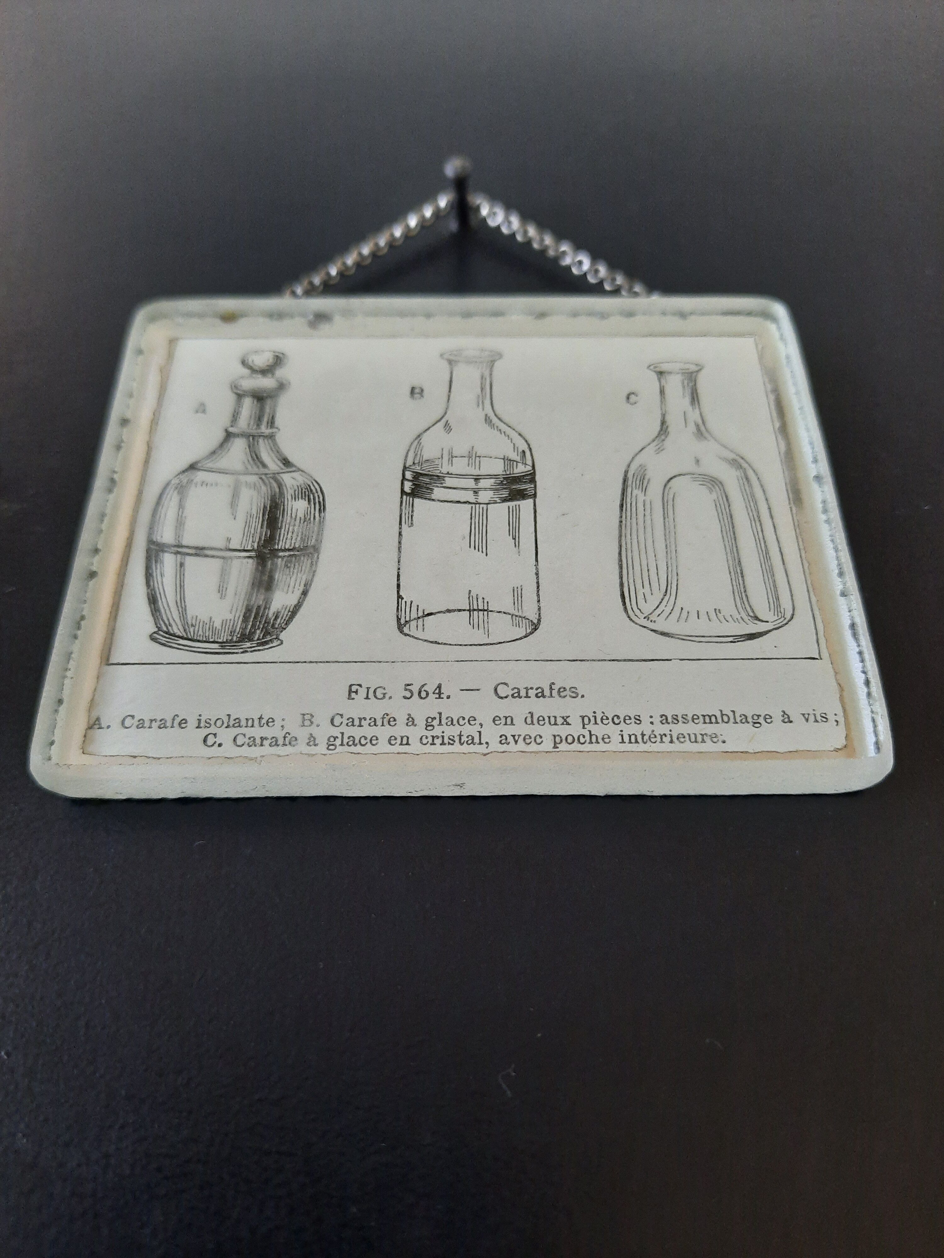 Old illustration "Carafes" inserted under mirror. Cabinet of Curiosity.