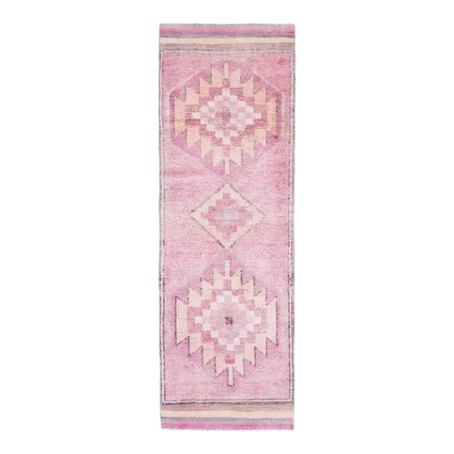 Vintage Turkish Hand-Knotted Wool Cotton Pink Runner Rug 91x288