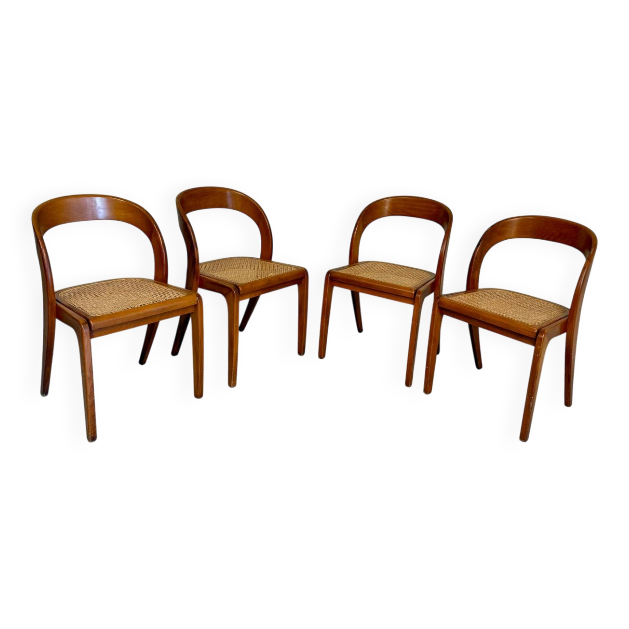 Set of 4 Baumann chairs, Gondola model, wood and cane, 70s