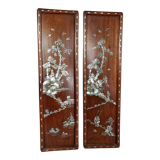 Pair old wood panels & mother-of-pearl Vietnam, Indochina around 1900 60x17 cm SB
