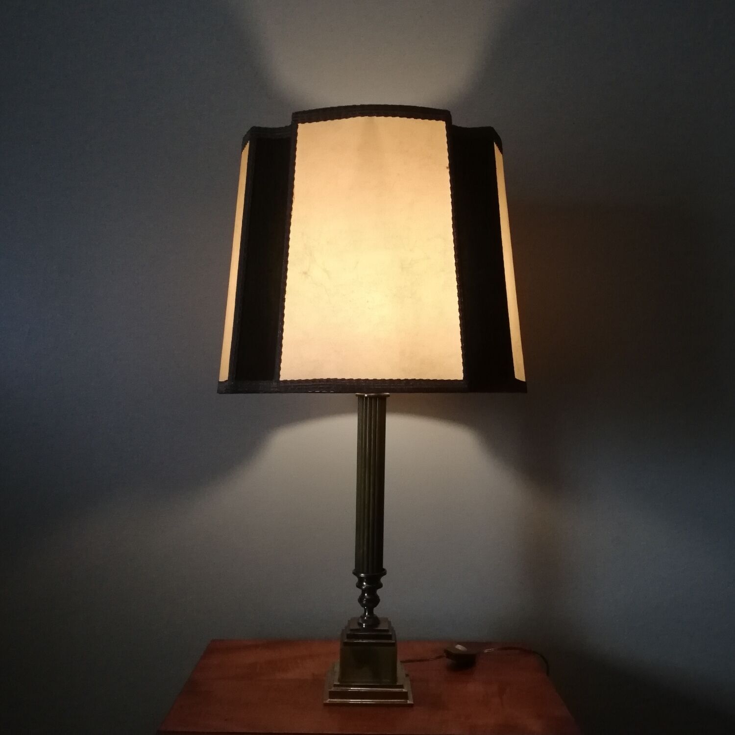 Vintage lamp with wove paper lampshade and velvet