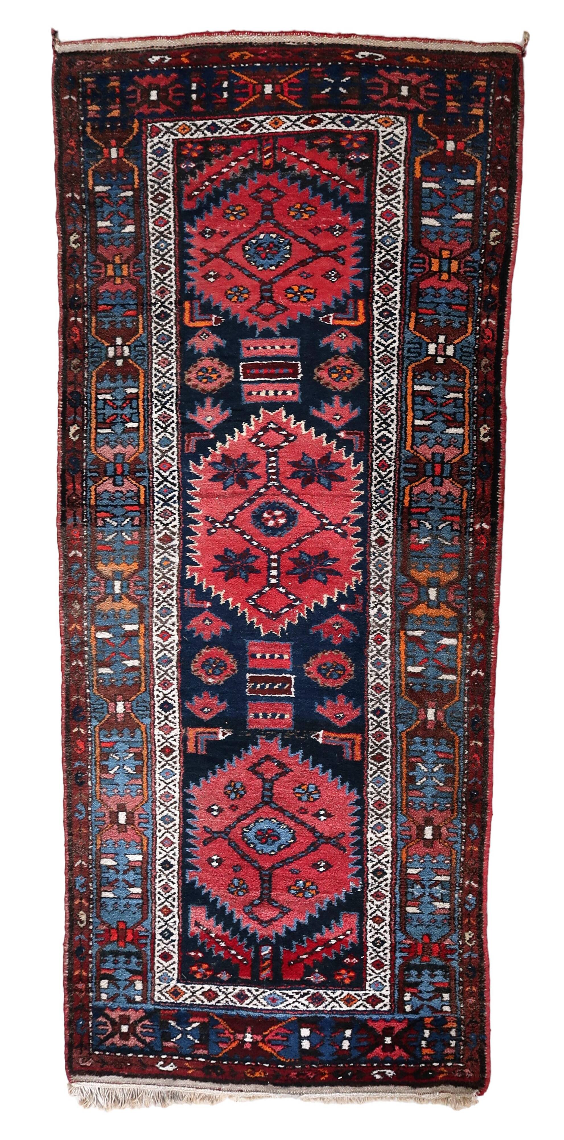 Antique Persian Handmade Hamadan Runner Rug, 3.4' x 7.7' (106cm x 237cm), 1920s