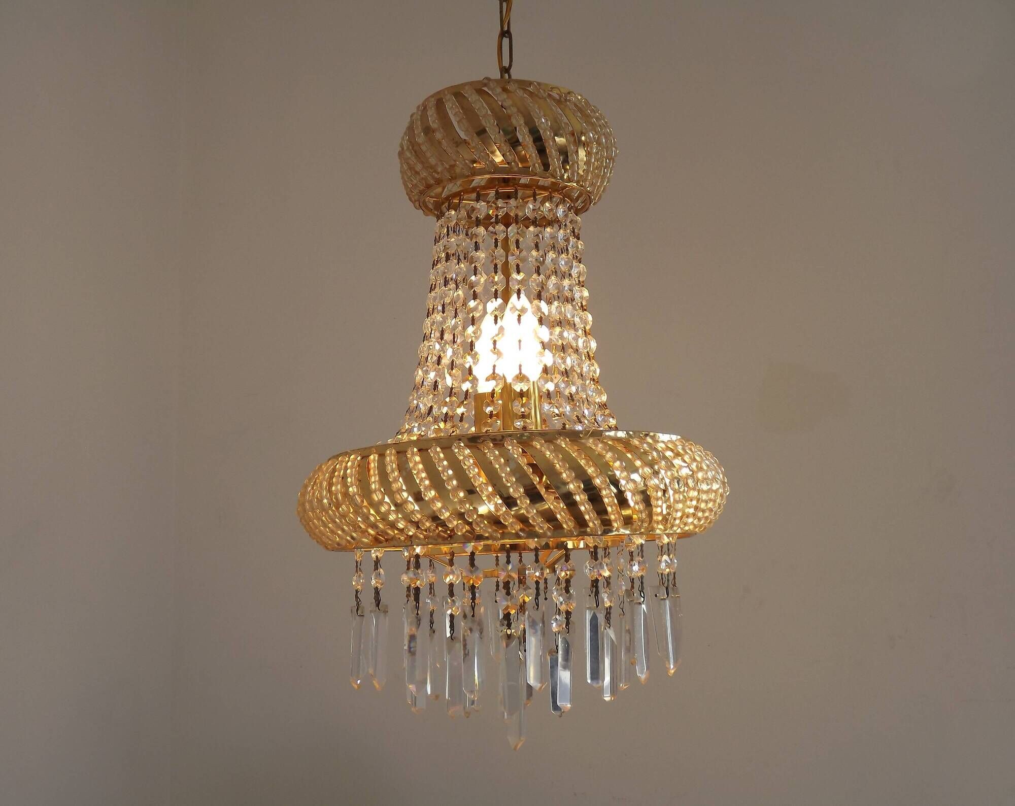 Vintage Gold Metal 5-Light Chandelier – Crystal Beads & Glass Prisms