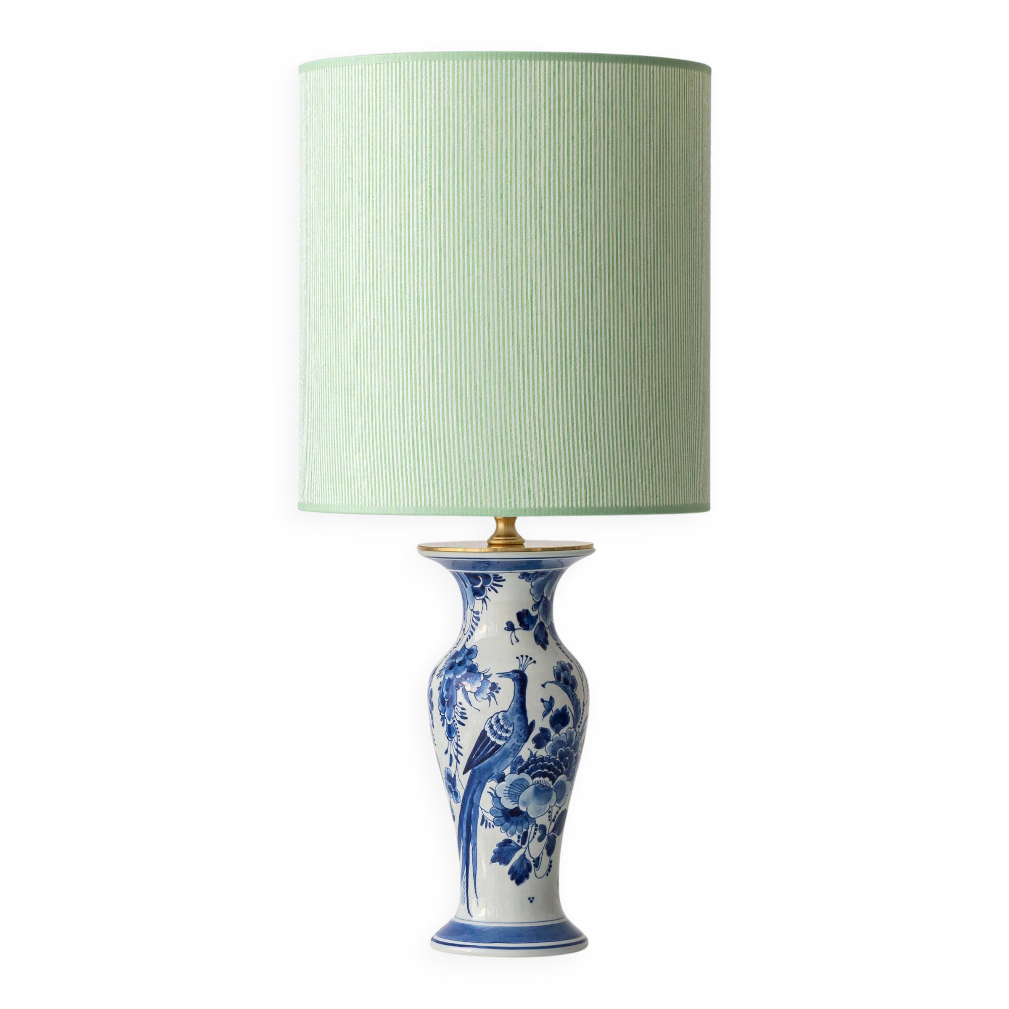 Royal Delft Blue, White, and Green Chinoiserie Bird Table Lamp, 1979