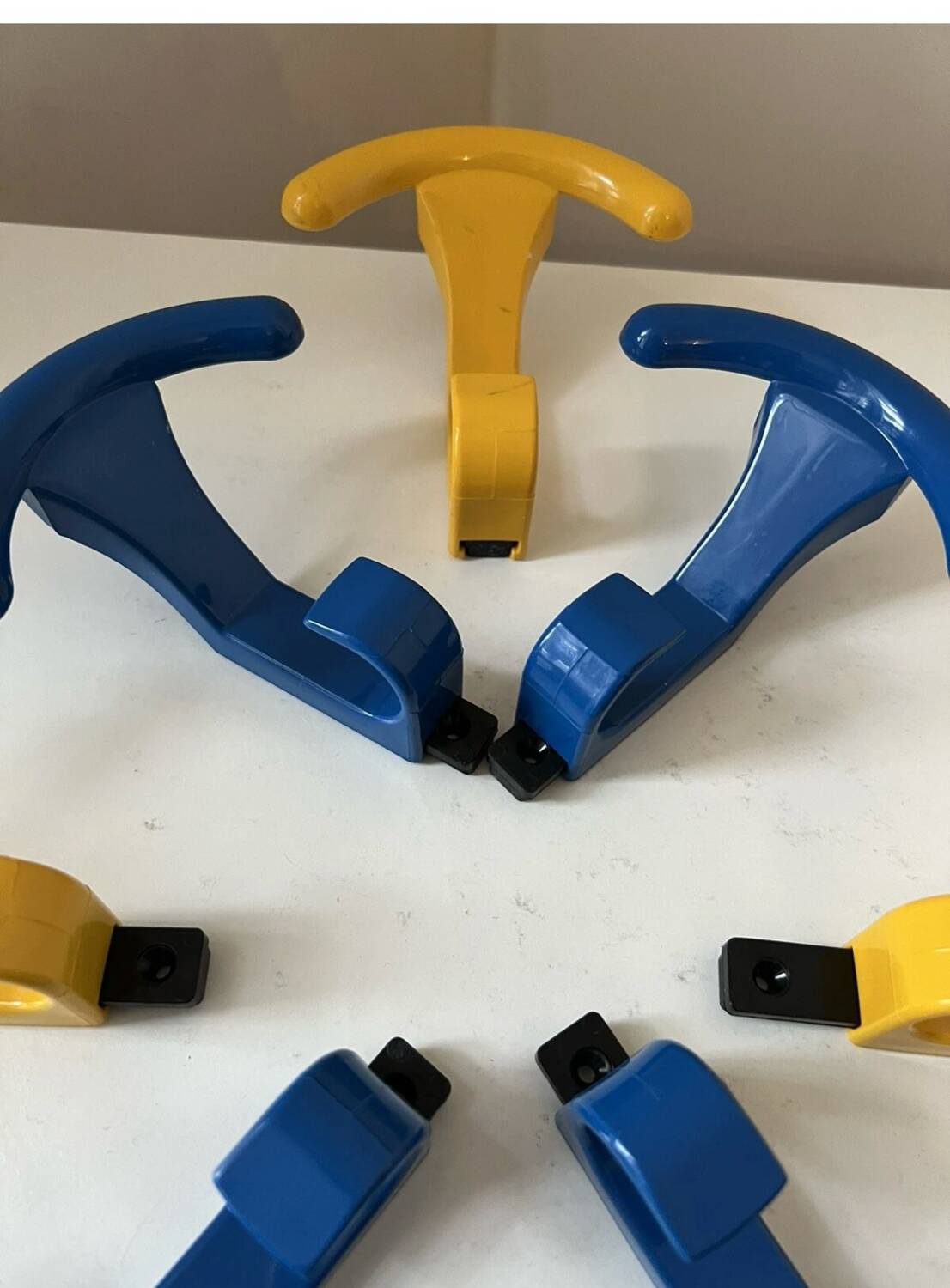 Vintage yellow blue plastic wall coat hooks Memphis 1980s