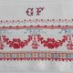 Large red and white tablecloth 1m95x2m85 and its 12 monogrammed “gf” napkins