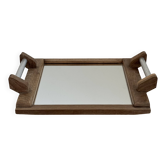 Plateau Miroir Artisanal Vintage En Bois Brut Et Métal - Design Brutaliste