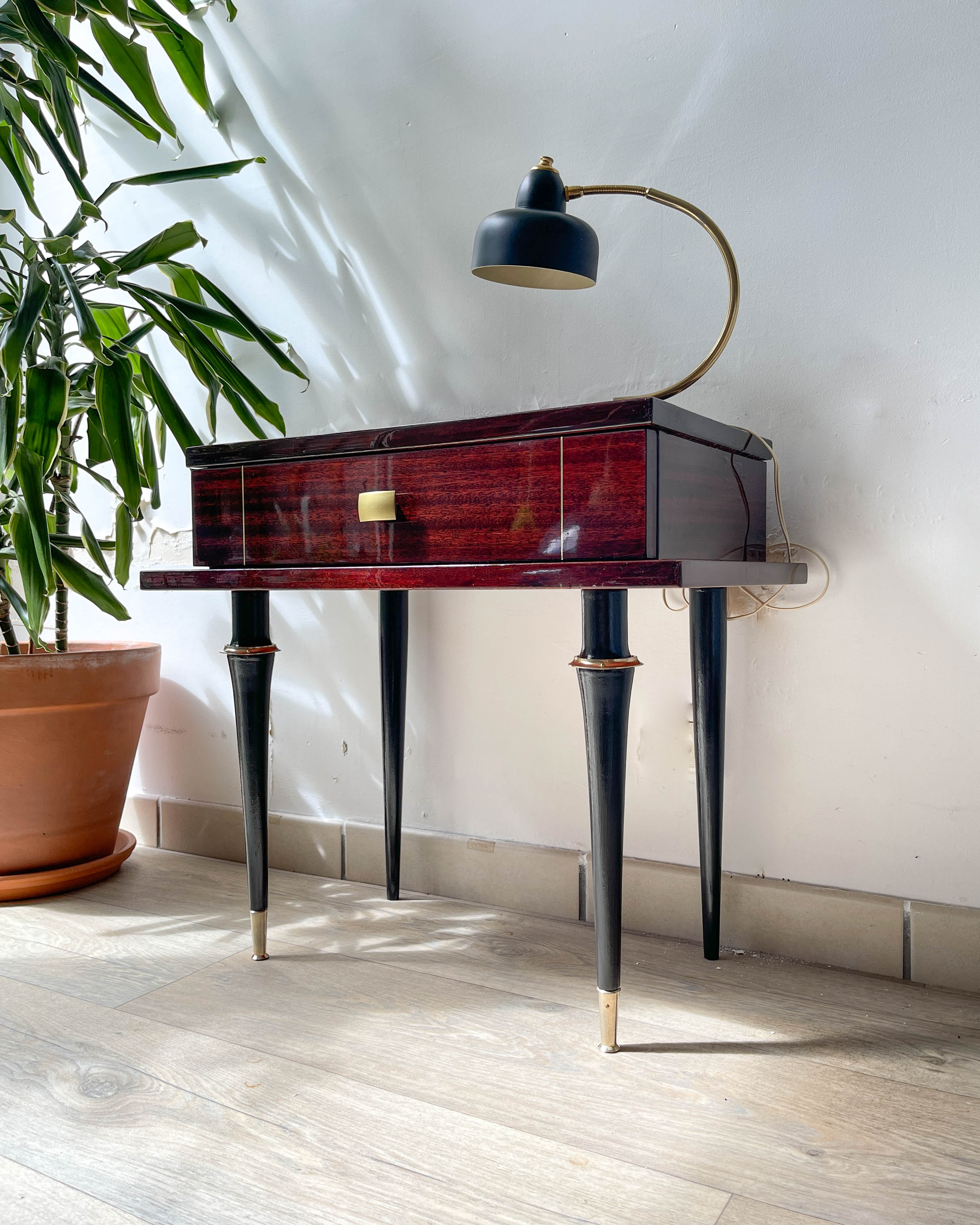 Vintage wood and brass bedside table Art Deco style