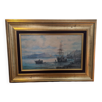 Tableau Peinture à l'huile "Marine" voiliers scène cotière William Thornley