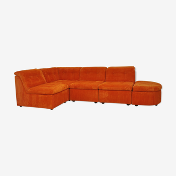 Canapé modulaire en velours côtelé orange, années 70