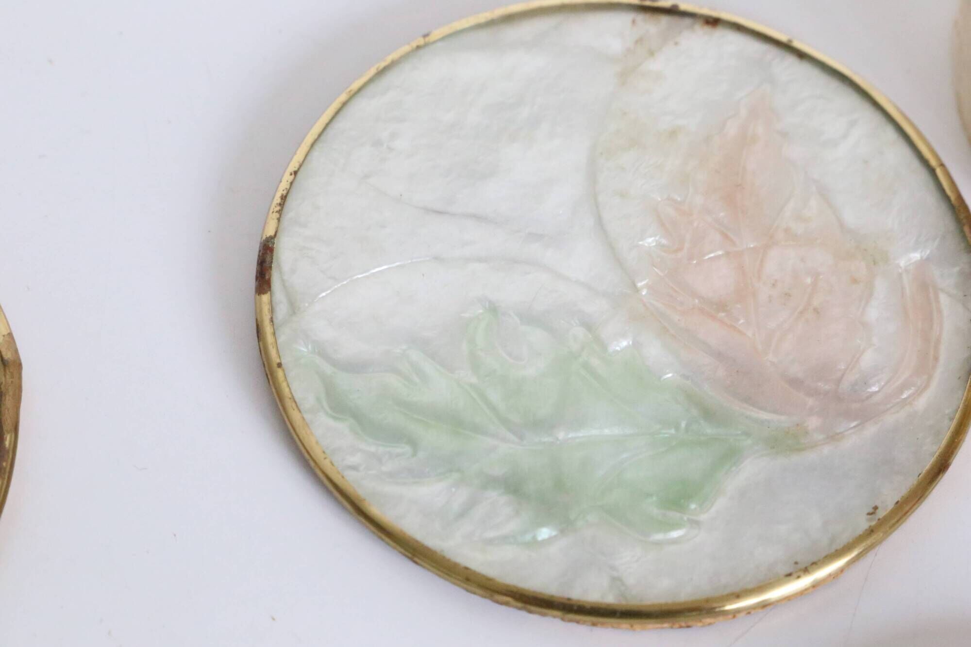 Set of 6 coasters in mother-of-pearl, brass and cork, vintage