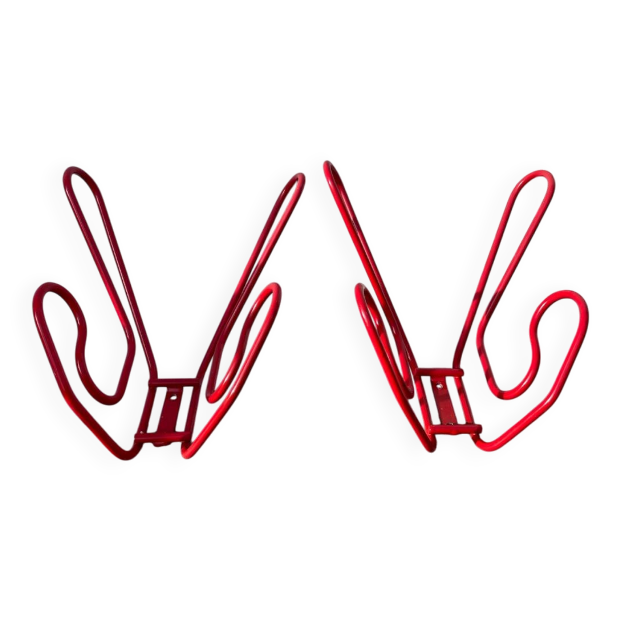 Pair of red metal wall hooks