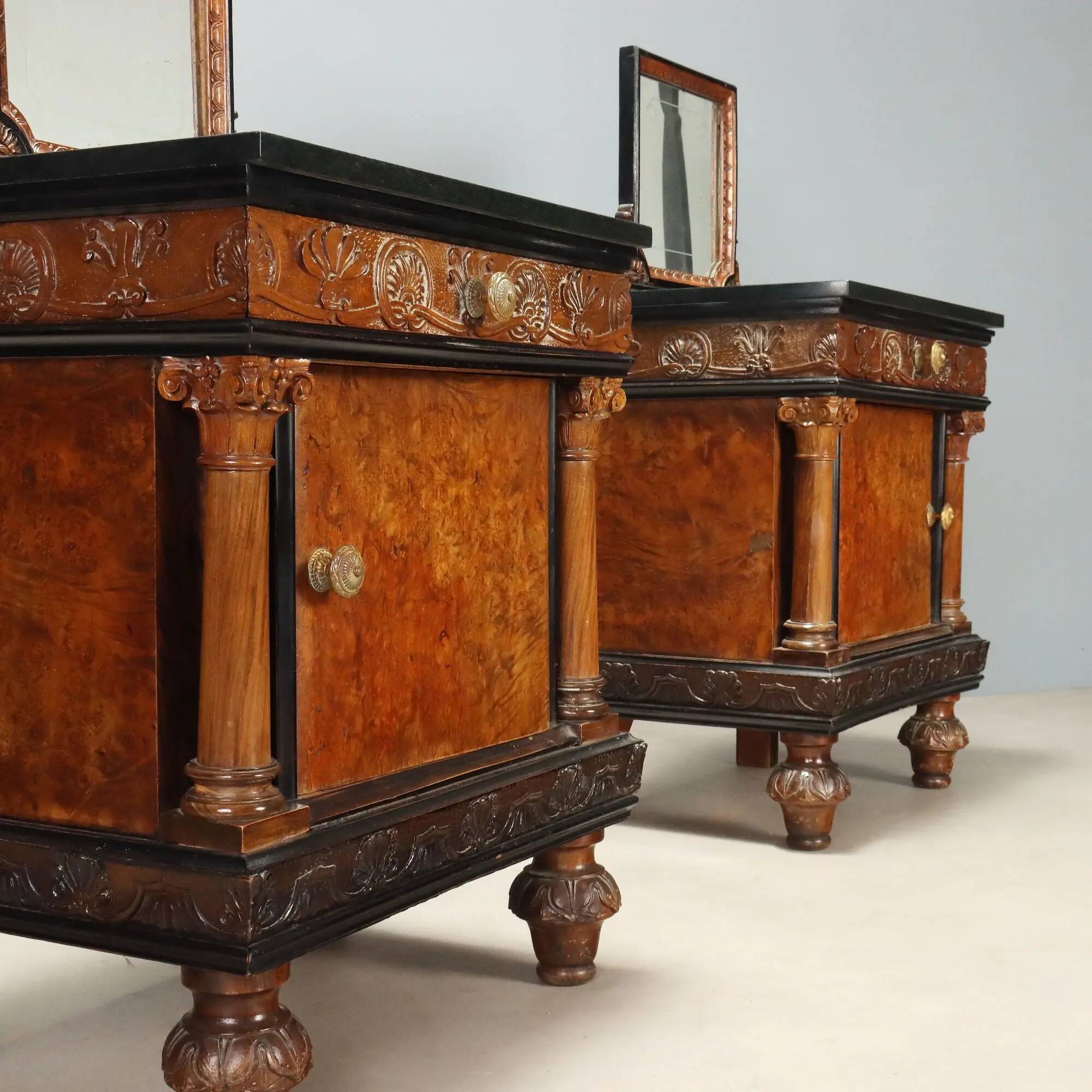Antique walnut bedside tables with marble and burl, Italy, 20th century.