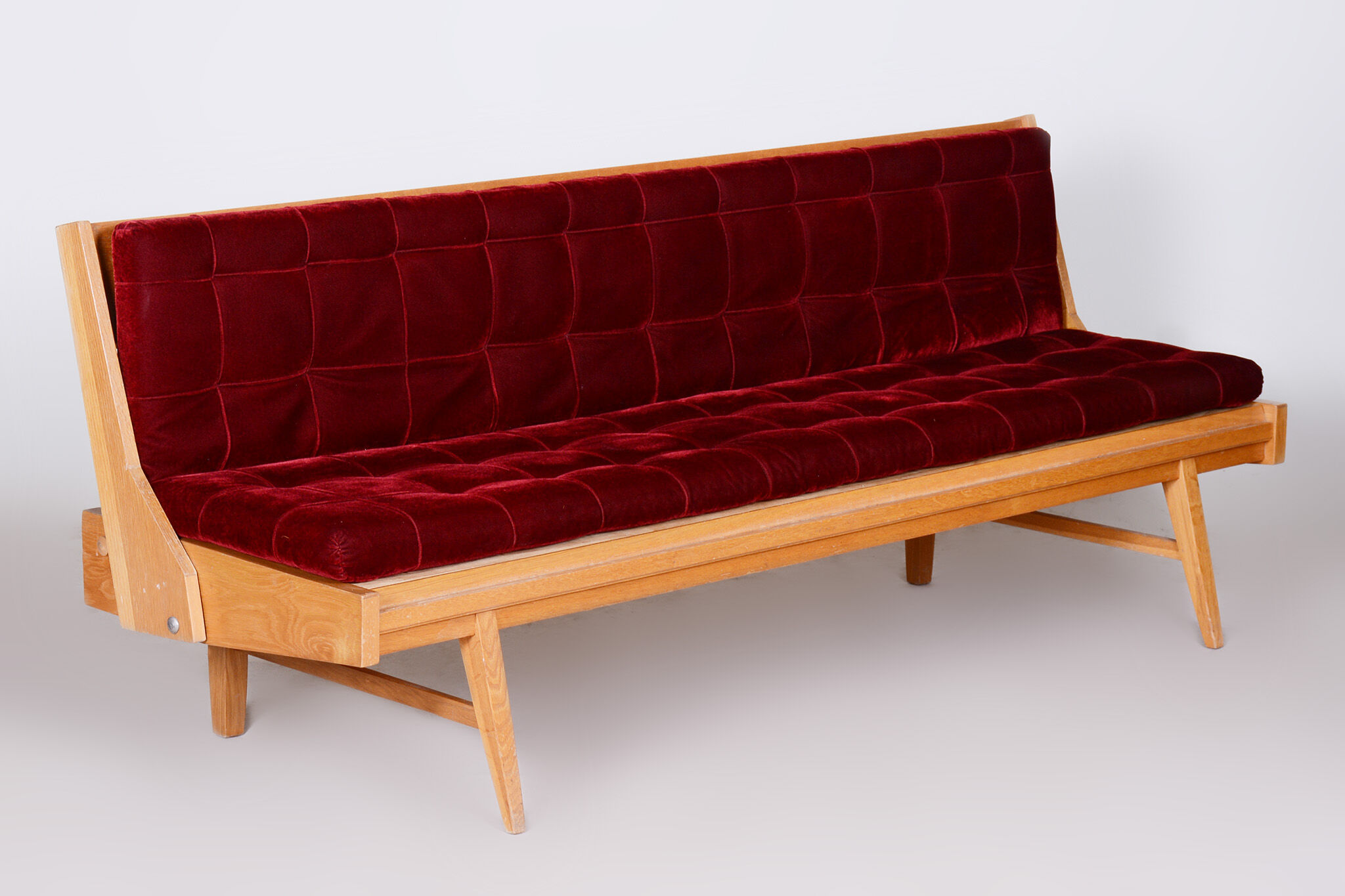 Red Midcentury Modern Oak Sofa, 1950s, Original well preserved upholstery