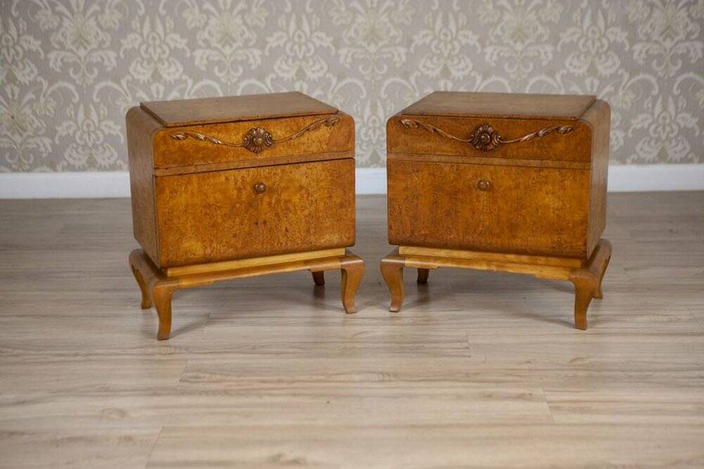 Early 20th Century Nightstands Veneered with Karelian Birch, 1950s, Set of 2