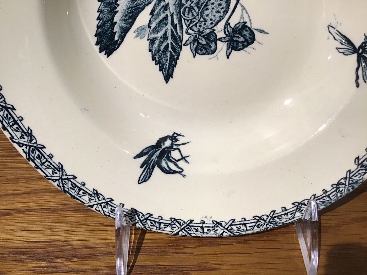 Hollow plate, insect and strawberry décor, Manufacture Choisy the King, Iron Land, H Boulenger - Co.