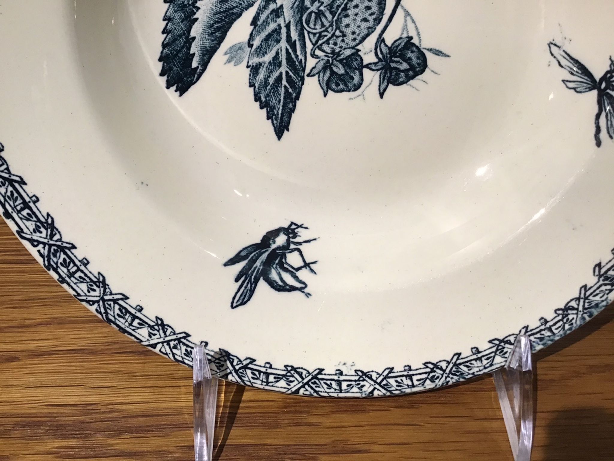 Hollow plate, insect and strawberry décor, Manufacture Choisy the King, Iron Land, H Boulenger - Co.