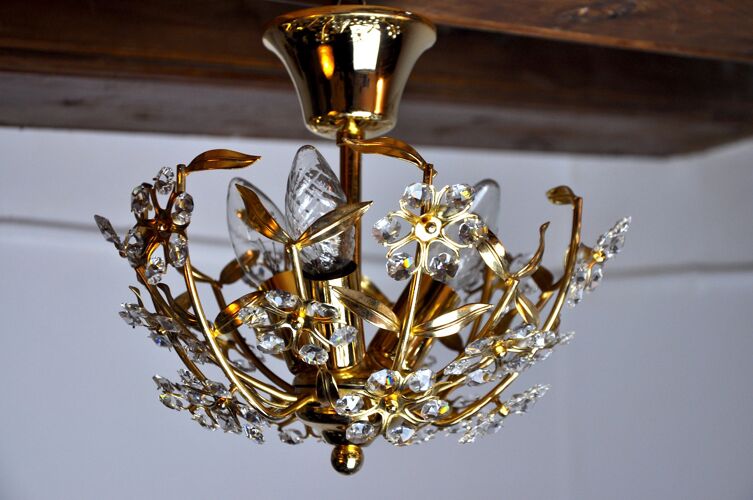 Floral ceiling lamp Oscar Torlasco for Stilkronen, Cut glass, Italy, 1980