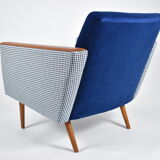 Mid- century modern armchair, 1970s, restored, blue and white velvet, pied de poule fabric