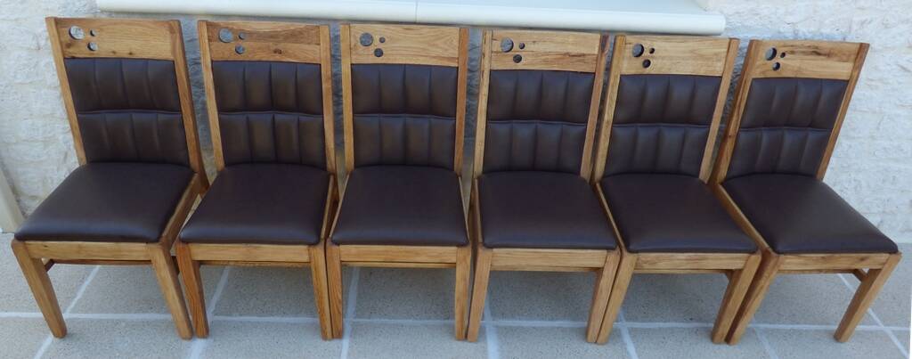 6 High-back chairs in high-quality, plush solid wood with brown faux leather