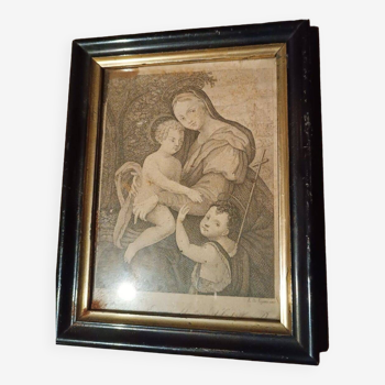 Gravure ancienne avec graveur encadré de vegni-madonna à l'enfant et saint jean.