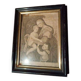 Gravure ancienne avec graveur encadré de vegni-madonna à l'enfant et saint jean.