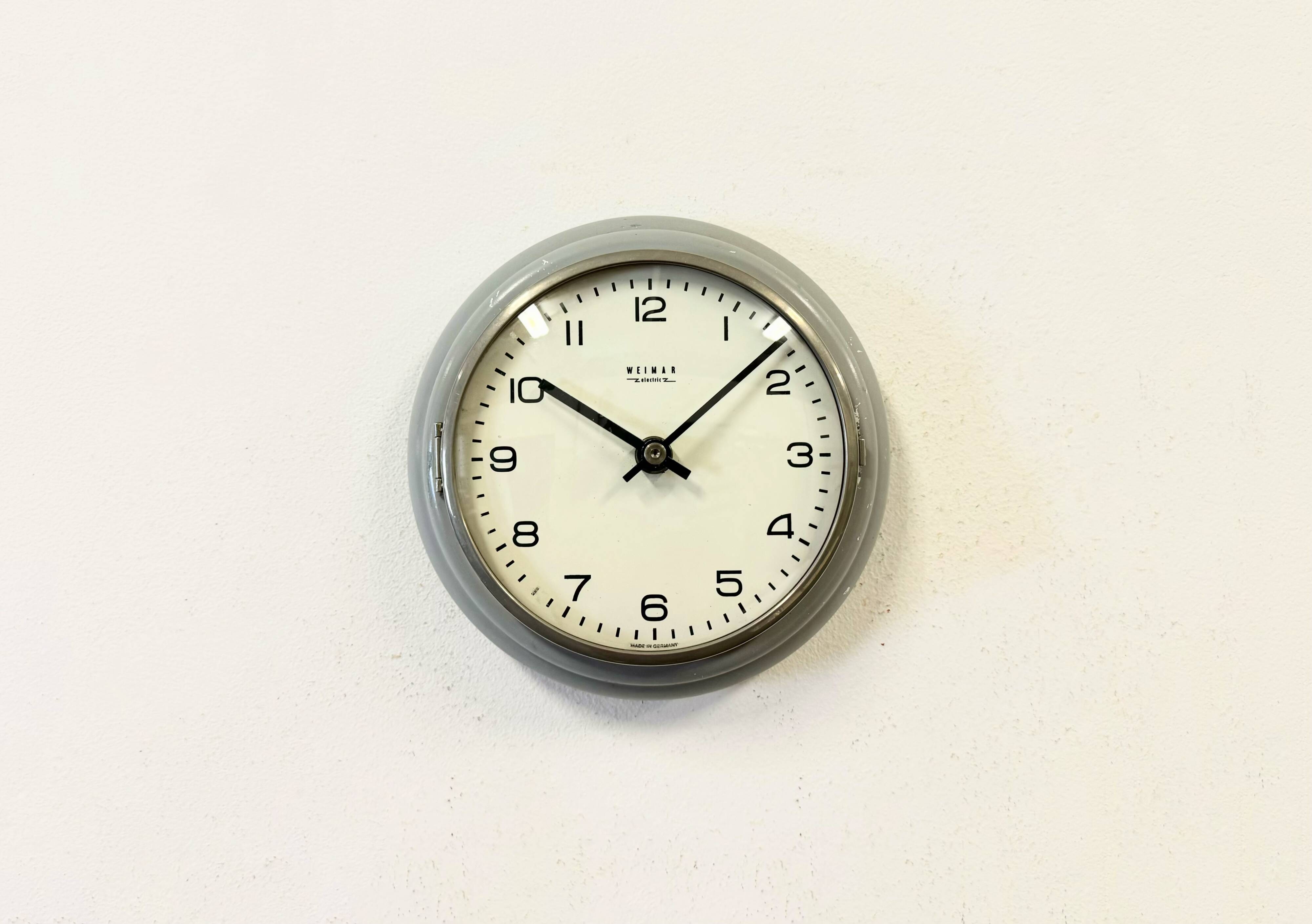 Vintage grey east german wall clock from weimar electric, 1970s