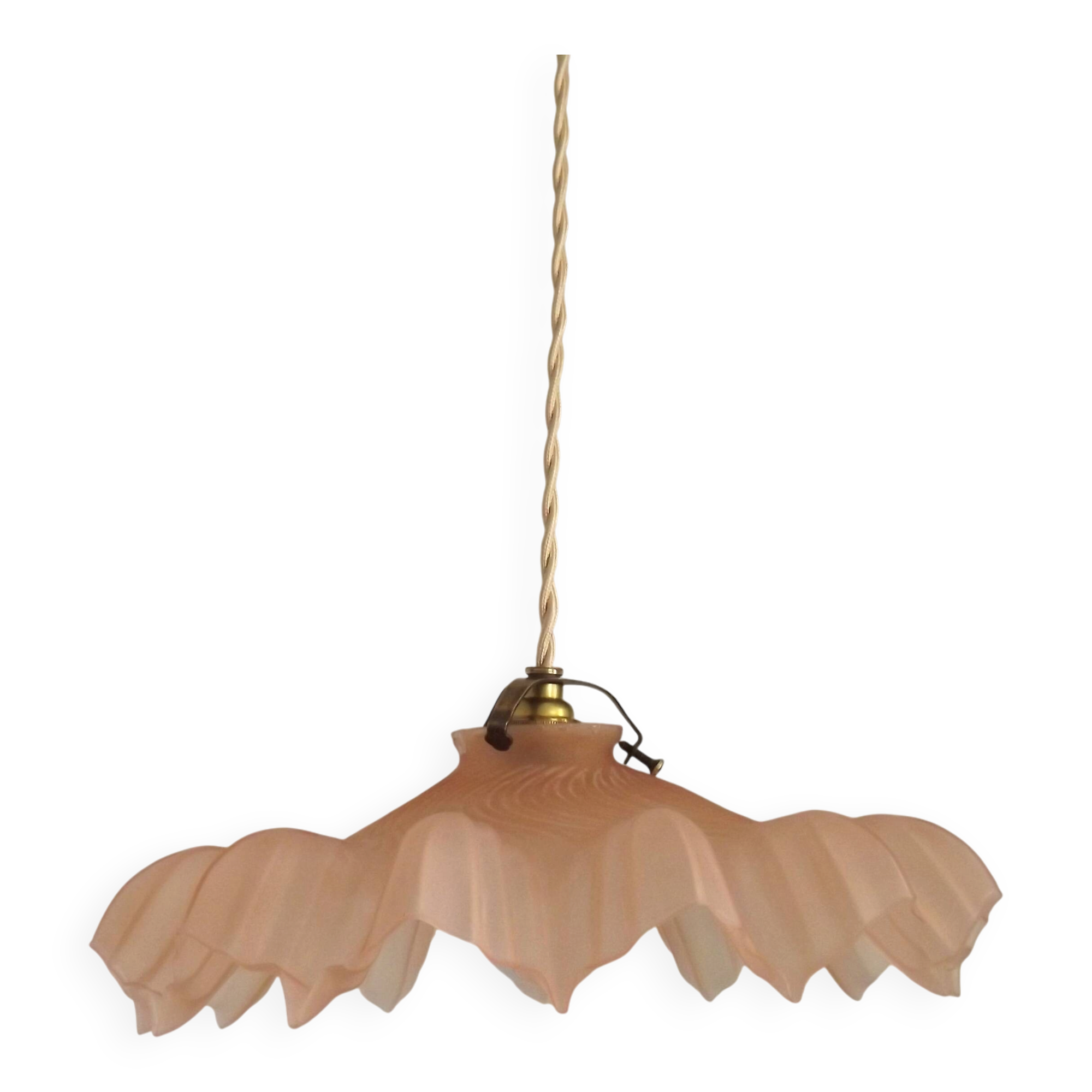 French Vintage 1930s Pink Frilled Glass Shade Hanging Light Brass Fittings