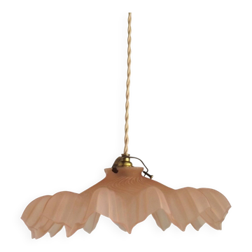 French Vintage 1930s Pink Frilled Glass Shade Hanging Light Brass Fittings