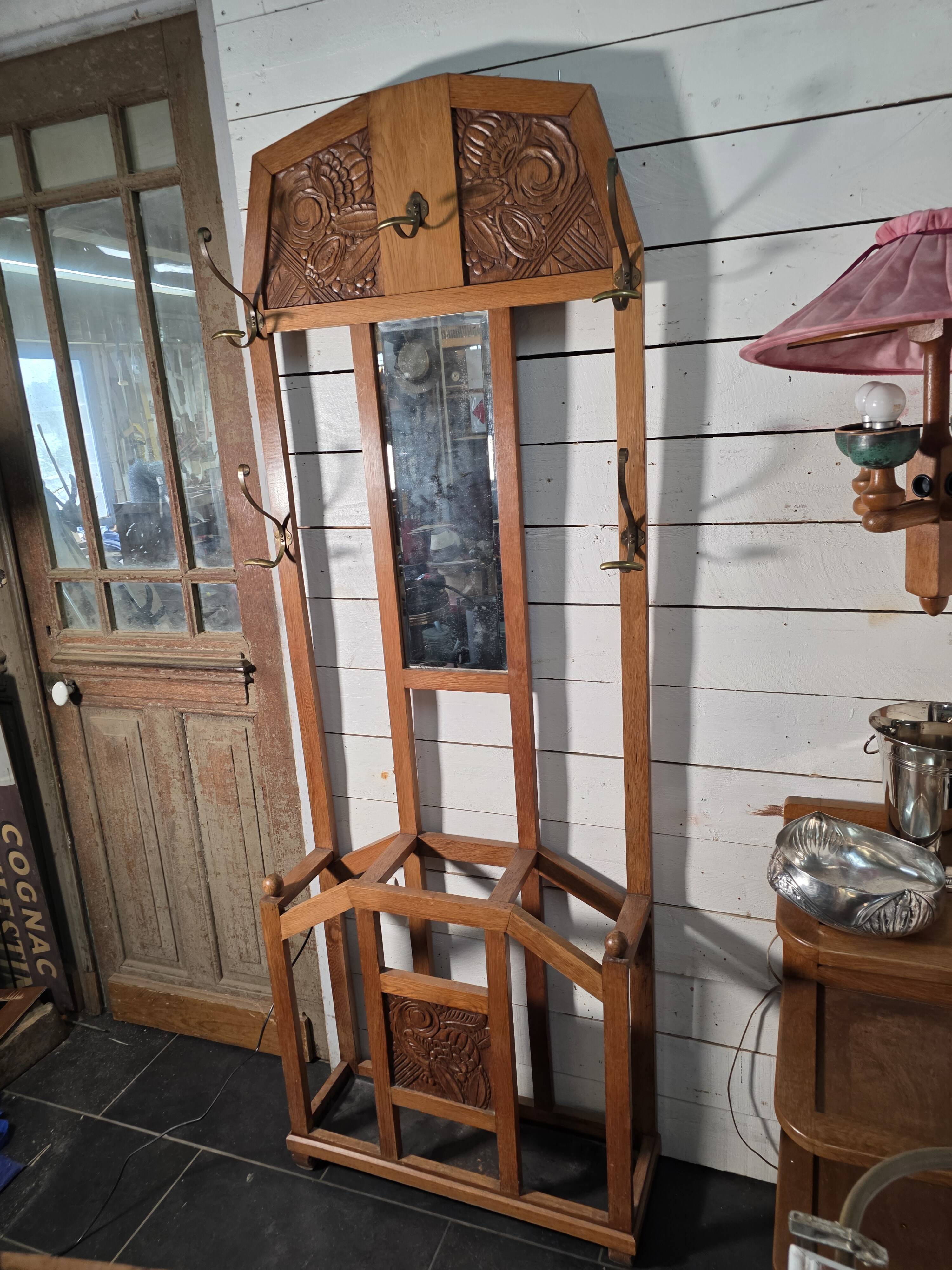 Art Deco coat rack wardrobe in solid oak