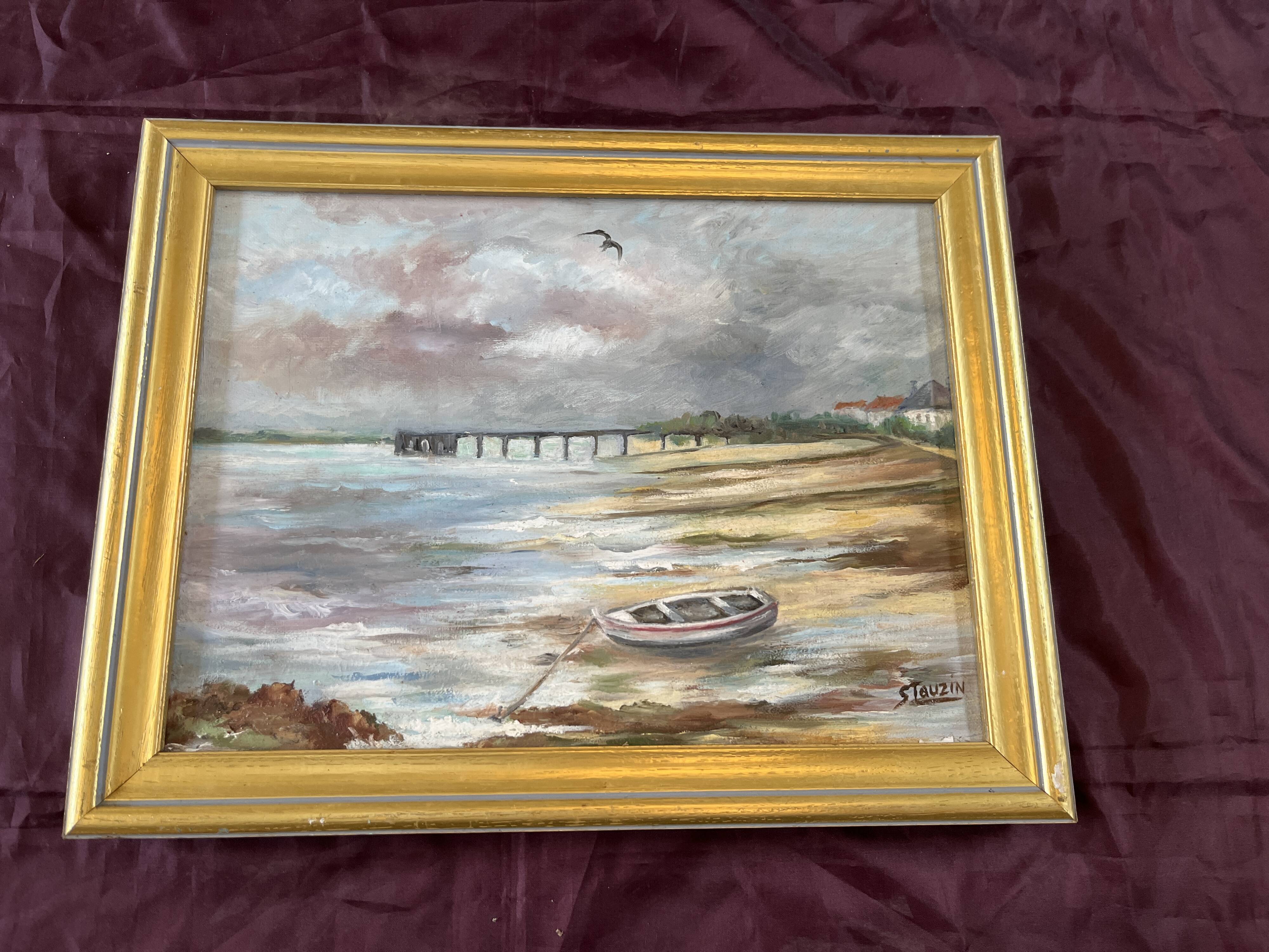 Maritime landscape painting with boat, signed Stauzin
