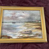 Maritime landscape painting with boat, signed Stauzin