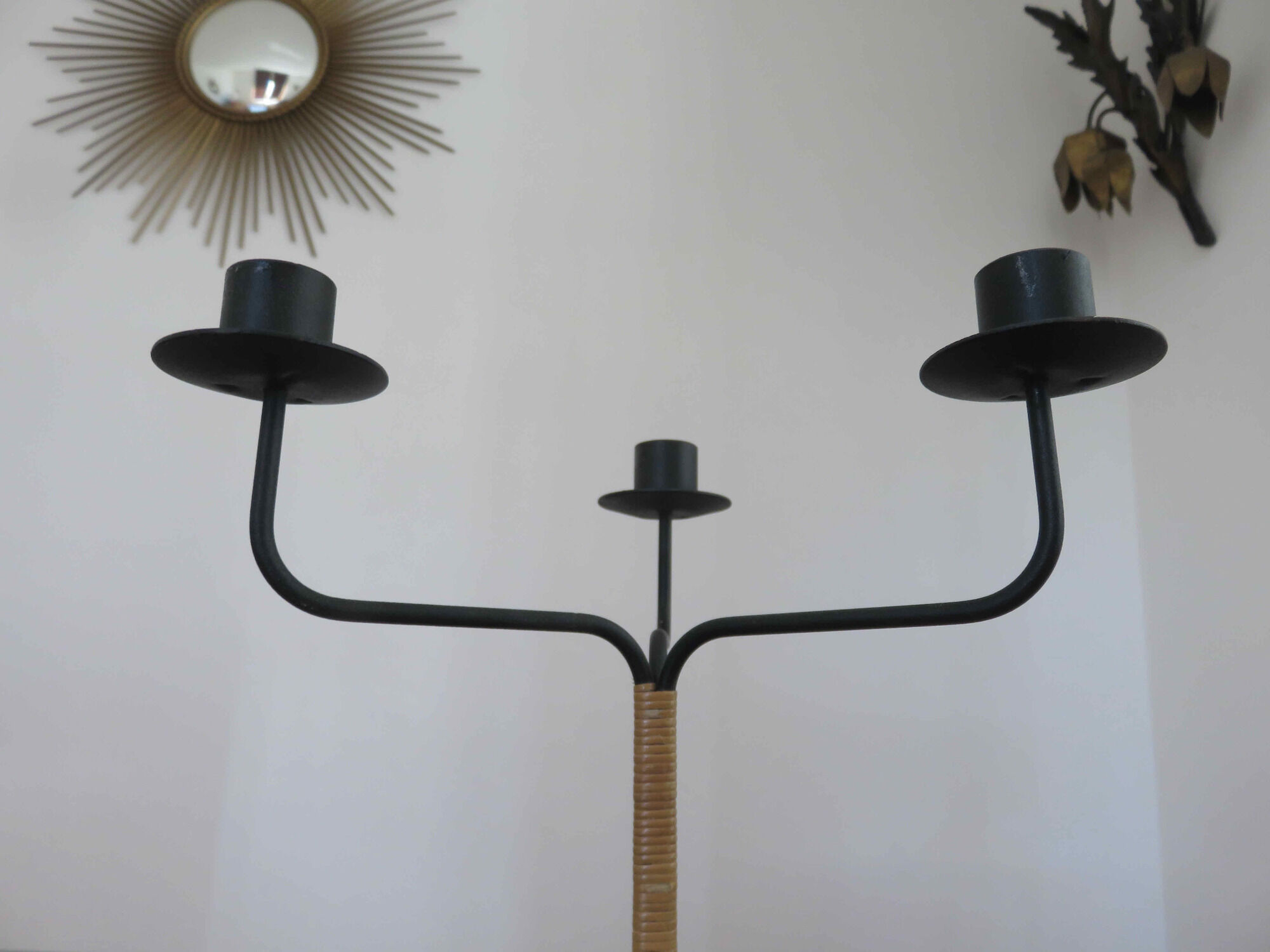 Scandinavian candle holder Laurids Lonborg in metal and rattan 50s 60s