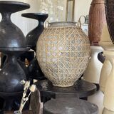 Immense light grey antique-style pot with a crosshatch lid and handles.